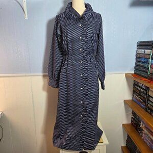 Vintage Abe Schrader Size 10 Navy Blue Polka Dot Peal Ruffle Long Dress